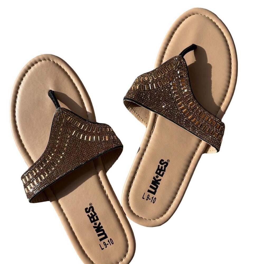LUK-EES Bronze Rhinestone Embellished Thong Sandals